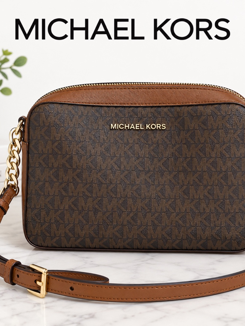 Michael Kors Dark Brown Logo Crossbody with Gold Hardware